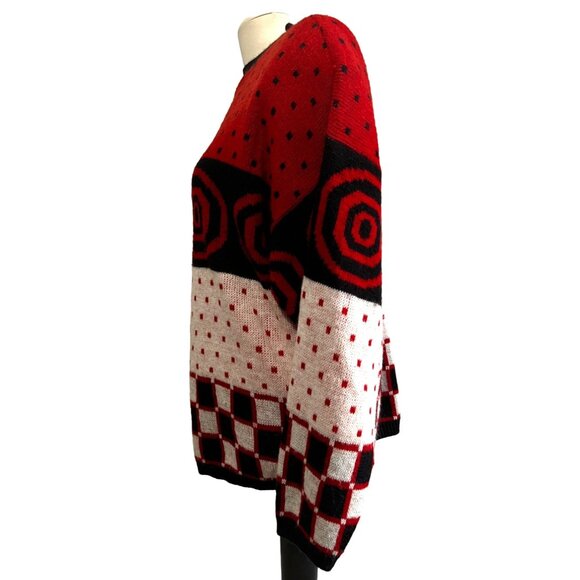 Vintage Geometric Sweater by Alberoy Sz XL Womens Red, White, & Black with Check - Picture 8 of 8